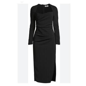 Delfi Claudette Ruched Sheath Dress Square Neck Midi Slit LBD Minimal S Cocktail